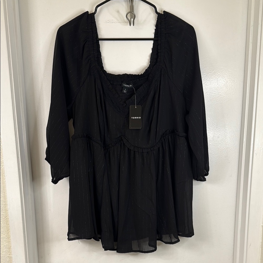 Torrid Babydoll Black Crinkle Chiffon Blouson Sleeve Women's Top 1x NWT